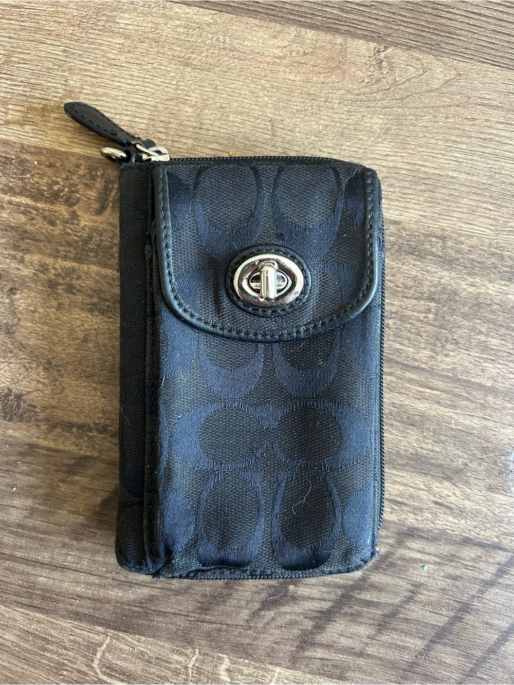 Coach Vintage Black Signature Canvas Turnlock Phone Wallet